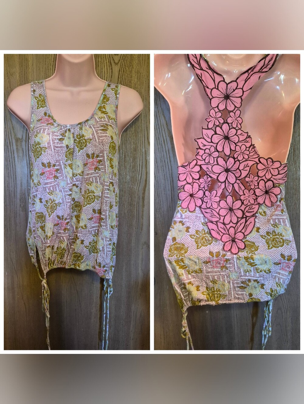 Free People FP boho racer back tank top pink & green floral flower print size M